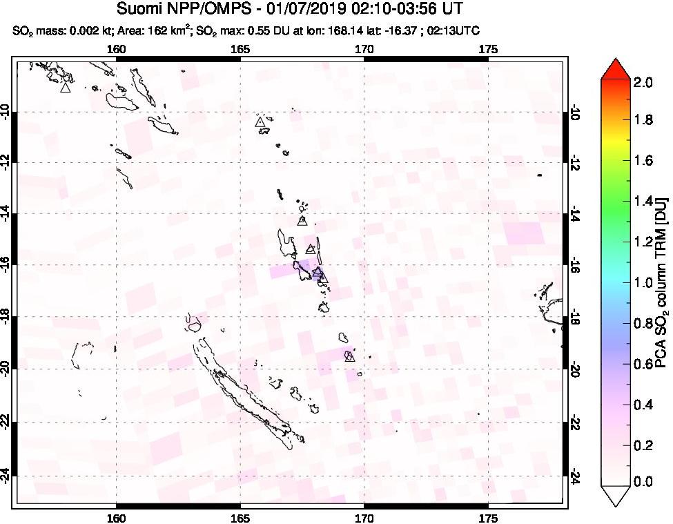 A sulfur dioxide image over Vanuatu, South Pacific on Jan 07, 2019.