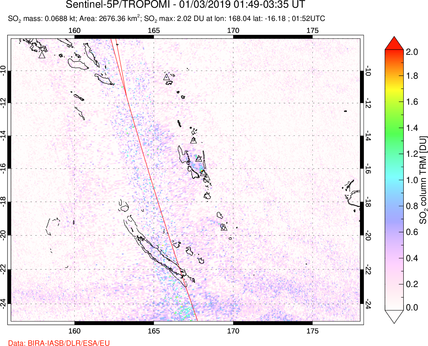 A sulfur dioxide image over Vanuatu, South Pacific on Jan 03, 2019.