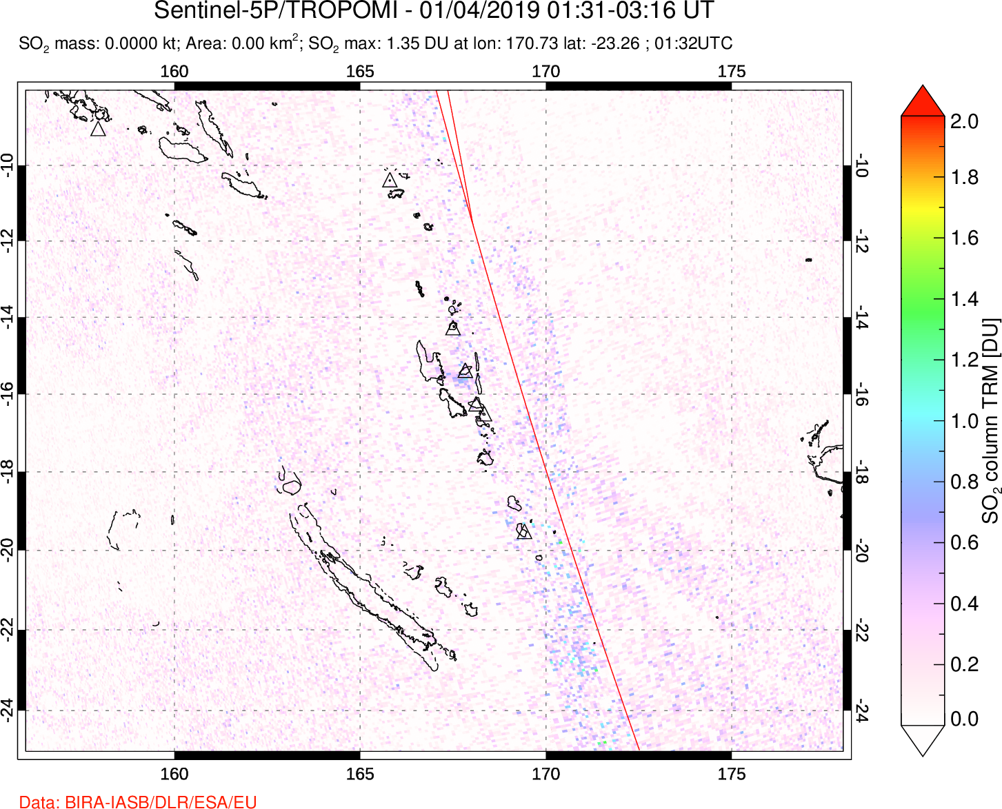 A sulfur dioxide image over Vanuatu, South Pacific on Jan 04, 2019.