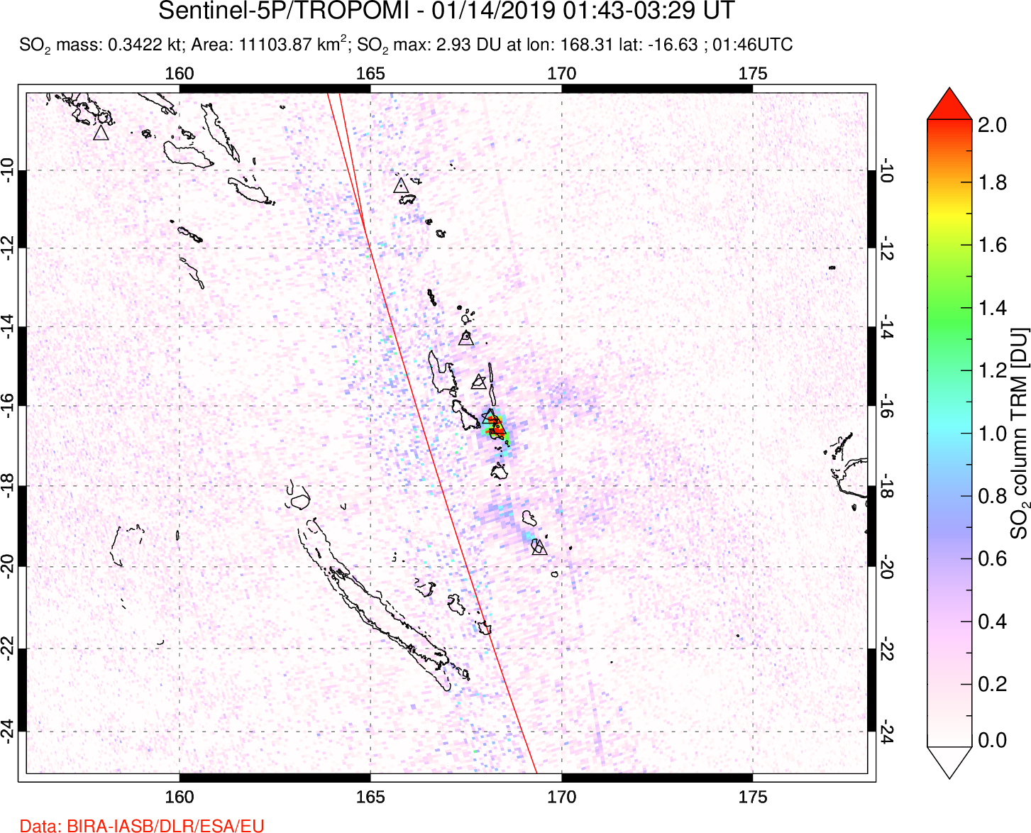 A sulfur dioxide image over Vanuatu, South Pacific on Jan 14, 2019.