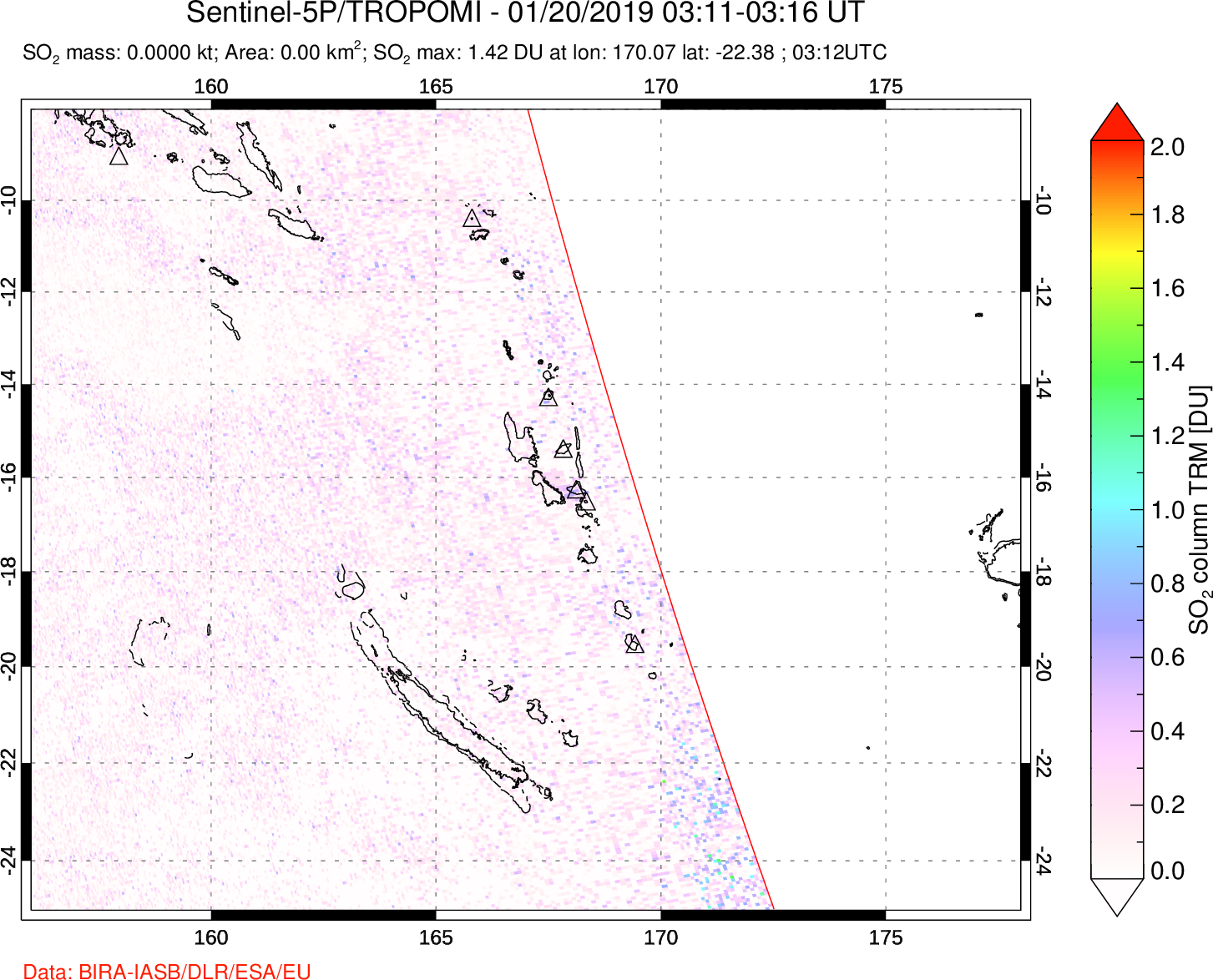 A sulfur dioxide image over Vanuatu, South Pacific on Jan 20, 2019.