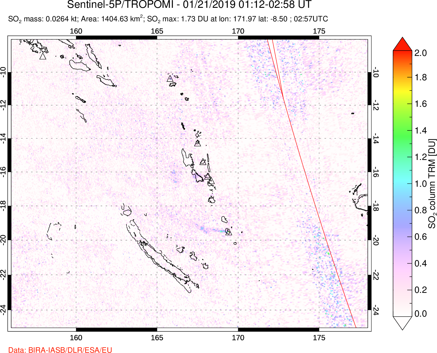 A sulfur dioxide image over Vanuatu, South Pacific on Jan 21, 2019.