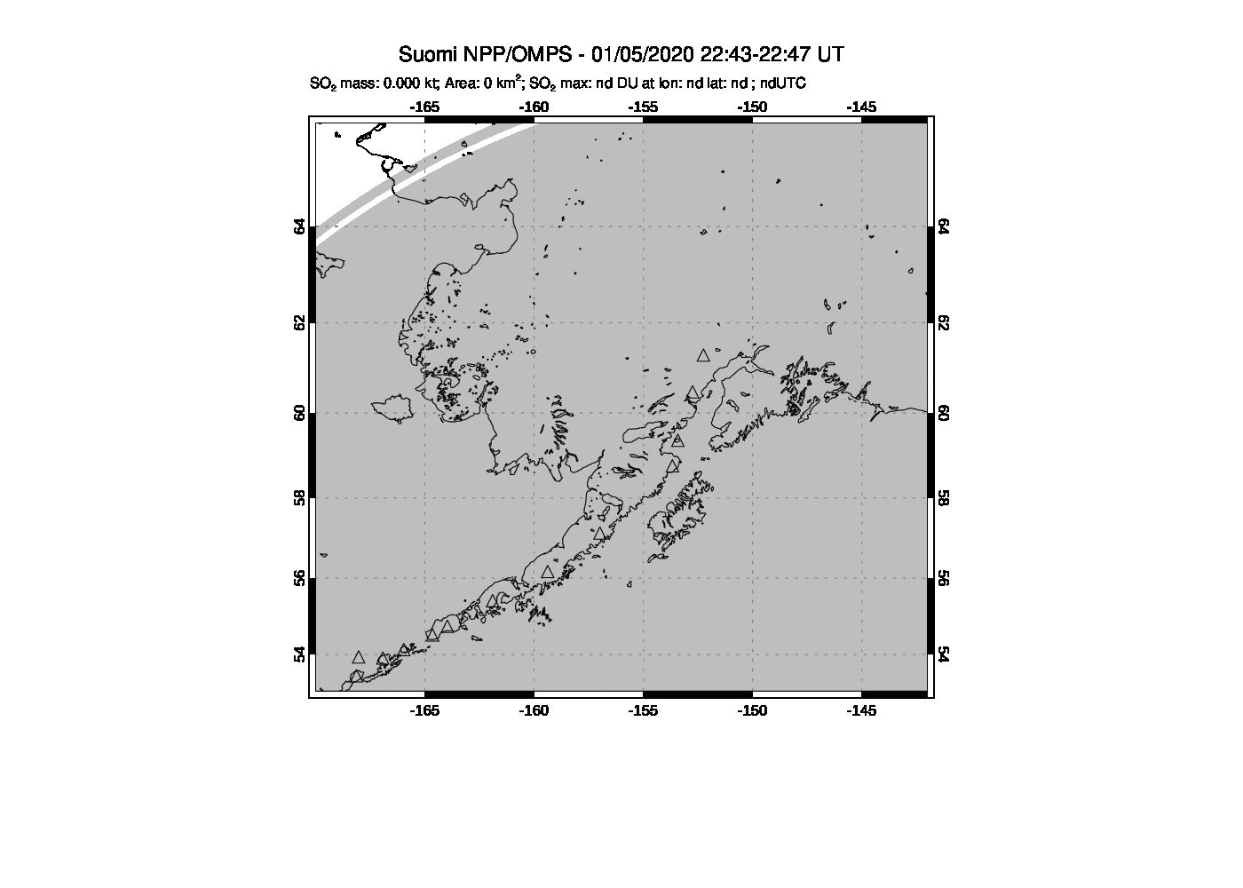 A sulfur dioxide image over Alaska, USA on Jan 05, 2020.