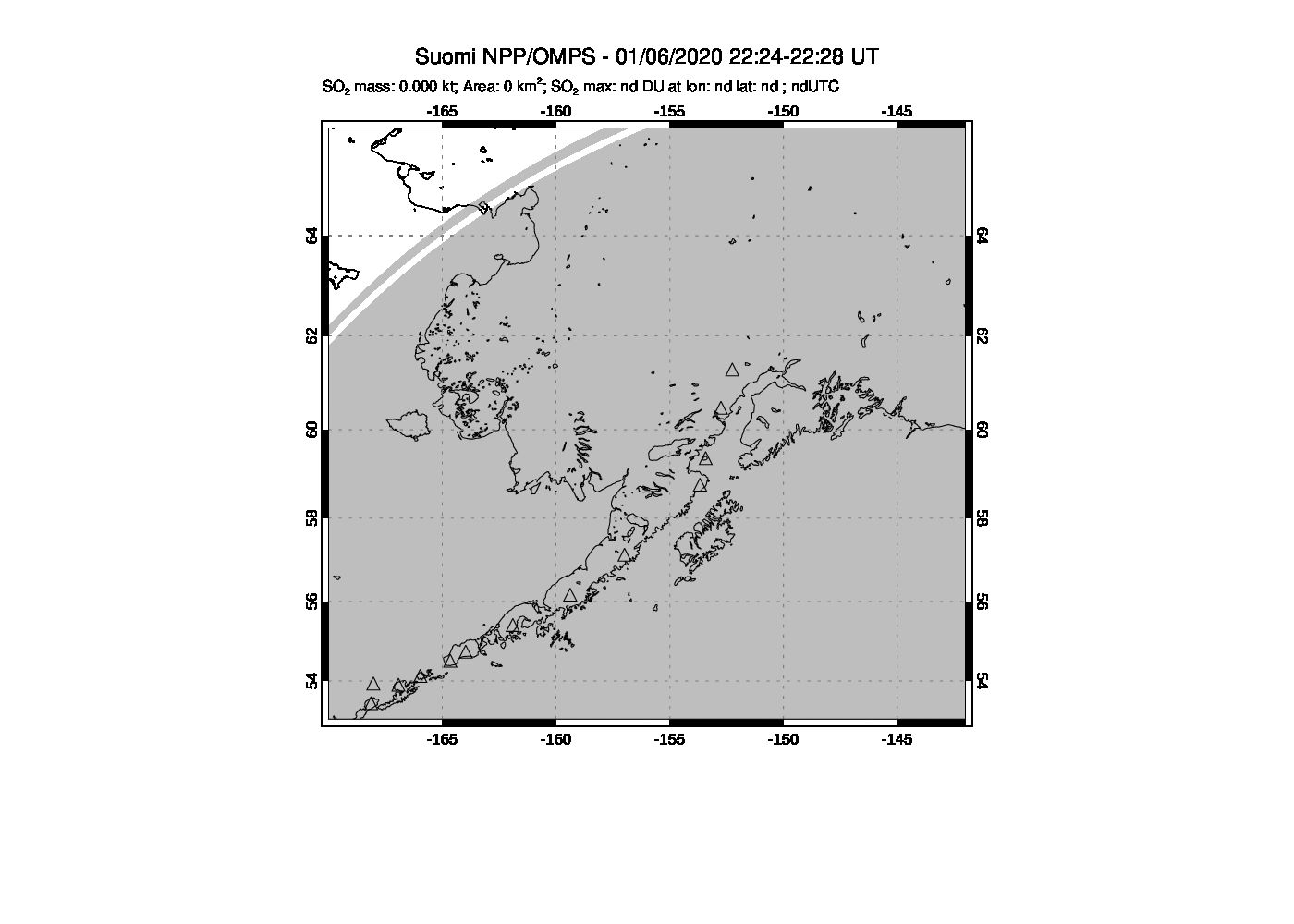 A sulfur dioxide image over Alaska, USA on Jan 06, 2020.