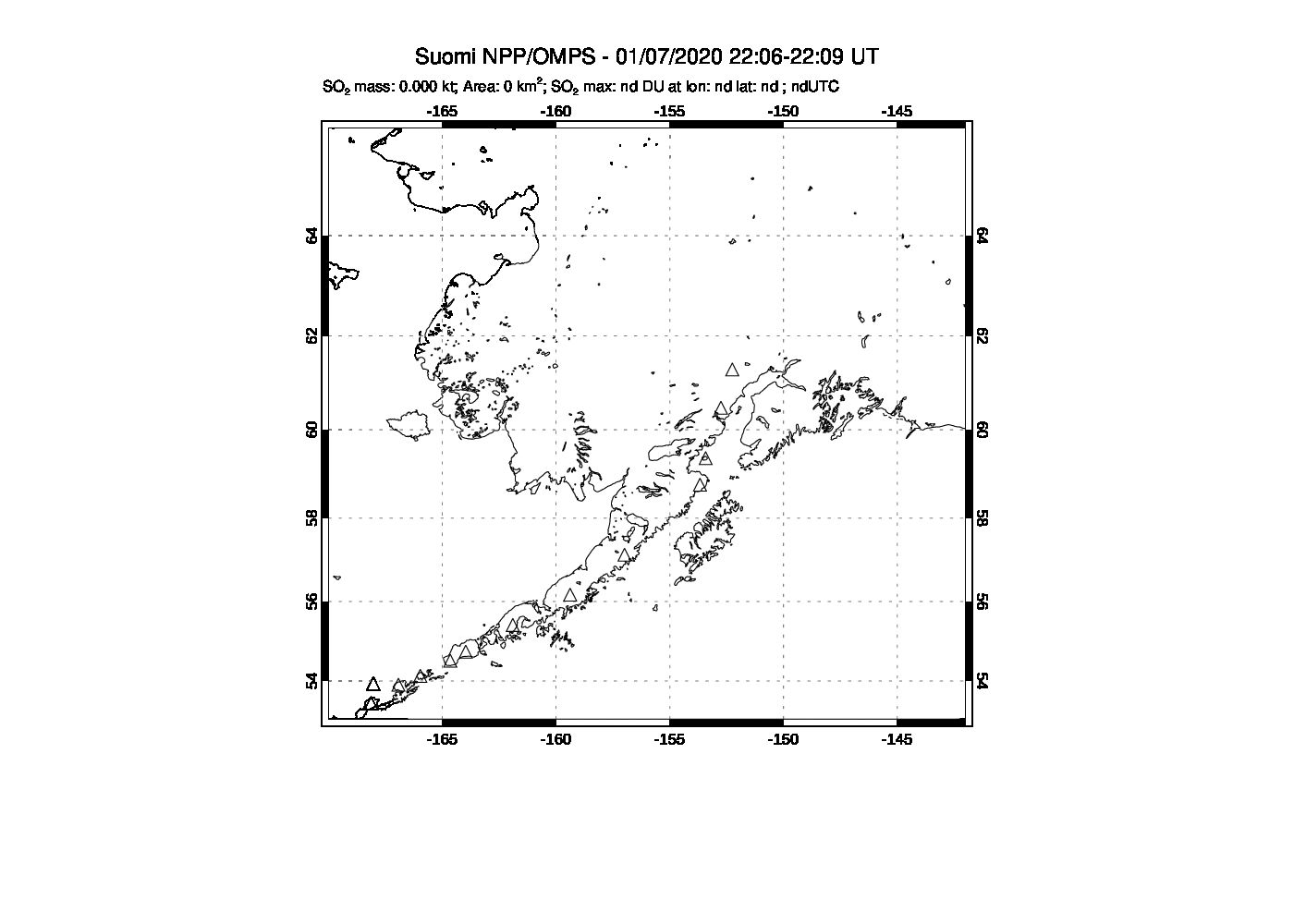 A sulfur dioxide image over Alaska, USA on Jan 07, 2020.