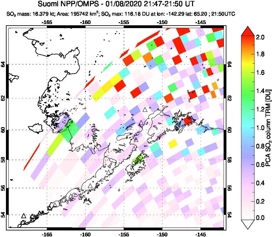 A sulfur dioxide image over Alaska, USA on Jan 08, 2020.