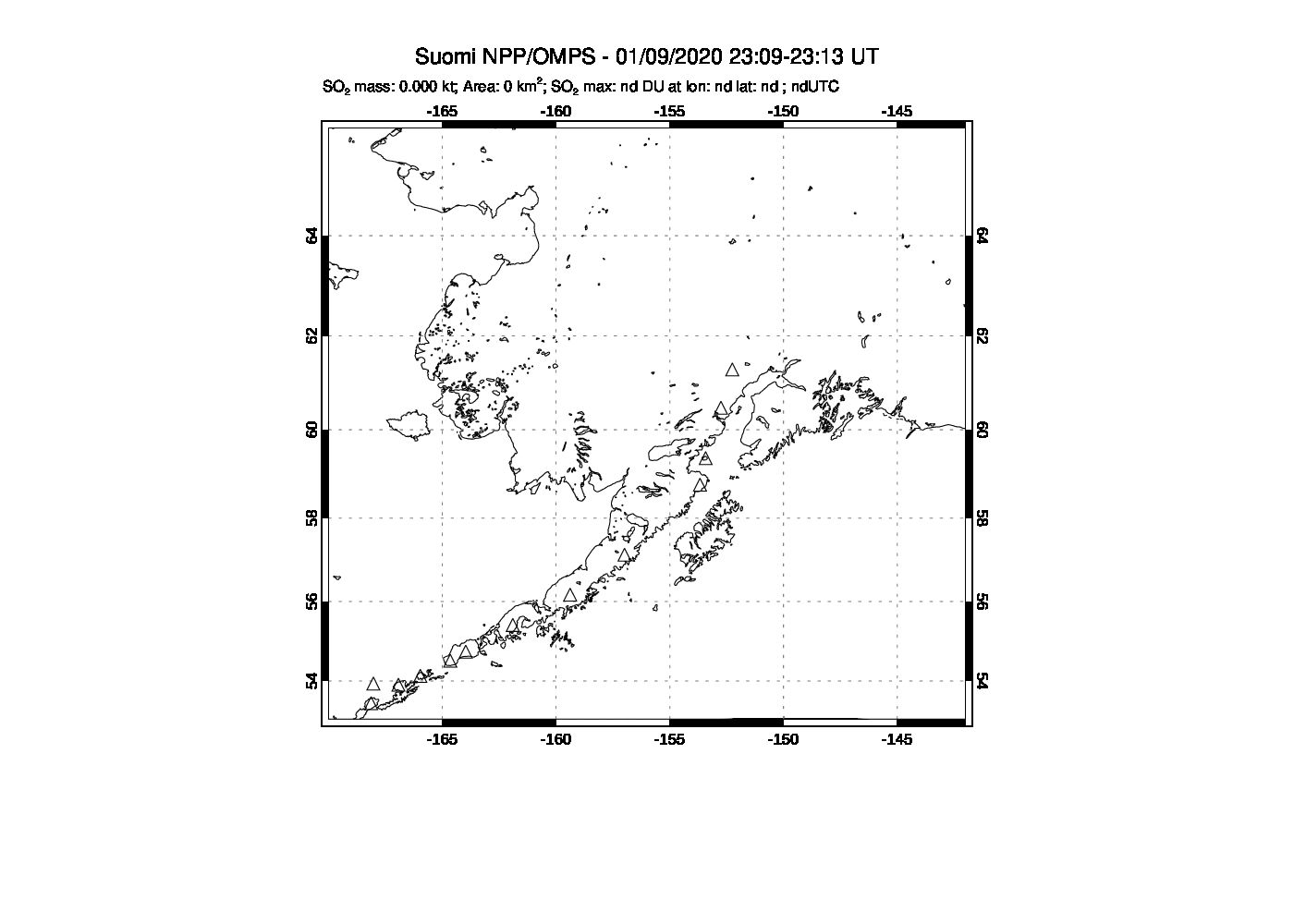 A sulfur dioxide image over Alaska, USA on Jan 09, 2020.