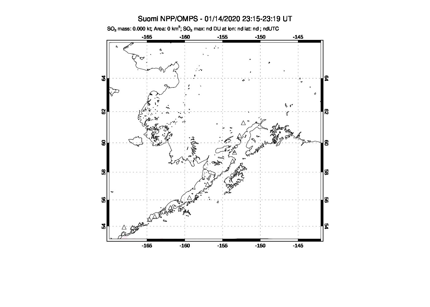 A sulfur dioxide image over Alaska, USA on Jan 14, 2020.