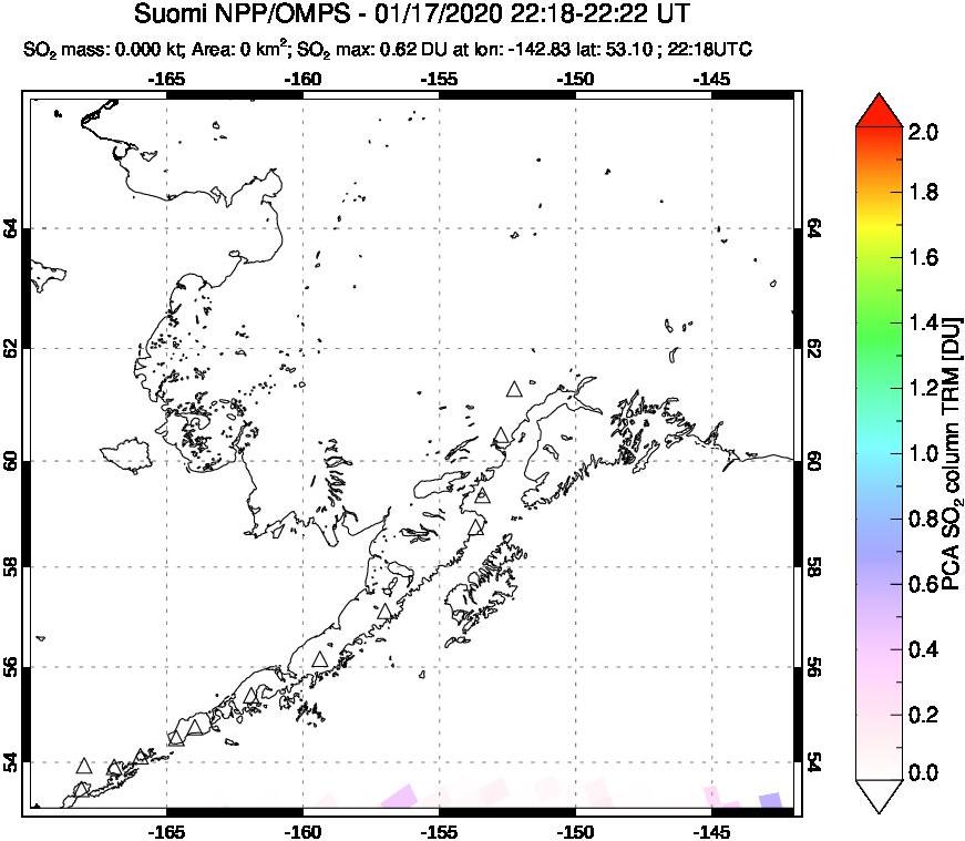 A sulfur dioxide image over Alaska, USA on Jan 17, 2020.