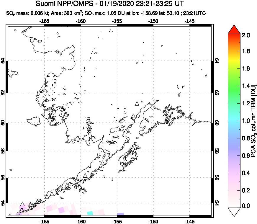 A sulfur dioxide image over Alaska, USA on Jan 19, 2020.