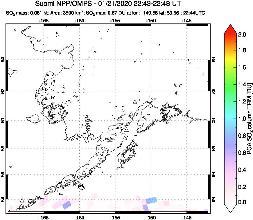 A sulfur dioxide image over Alaska, USA on Jan 21, 2020.