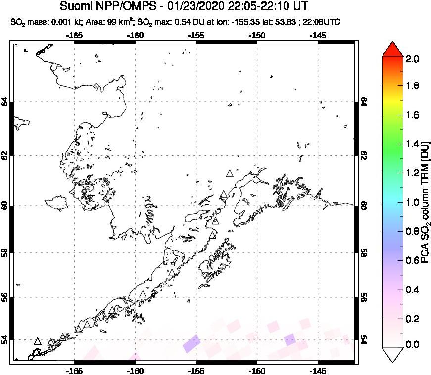 A sulfur dioxide image over Alaska, USA on Jan 23, 2020.