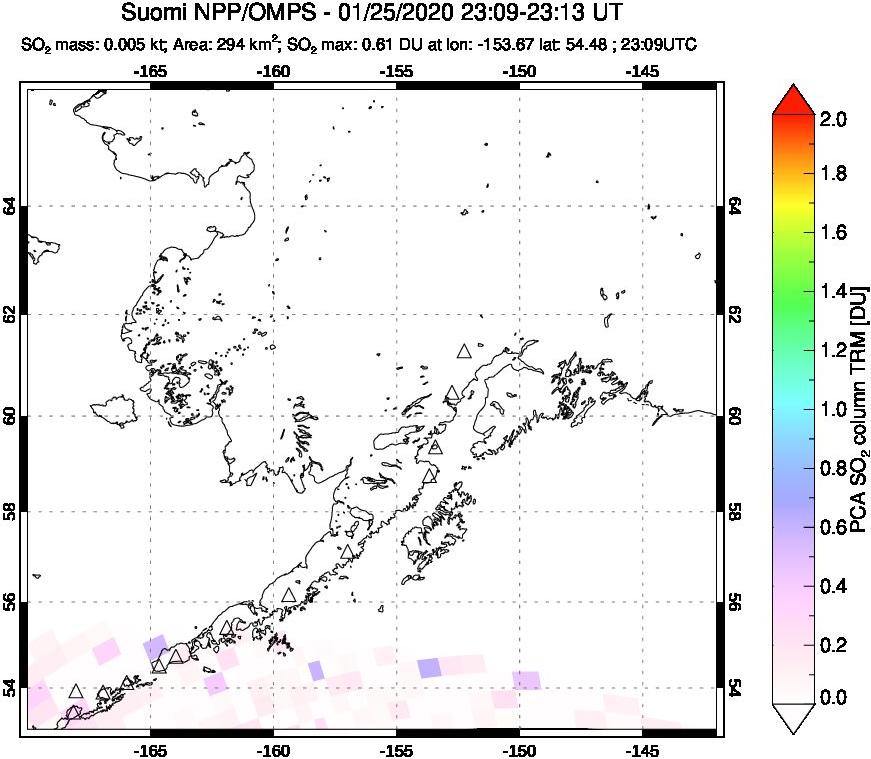 A sulfur dioxide image over Alaska, USA on Jan 25, 2020.