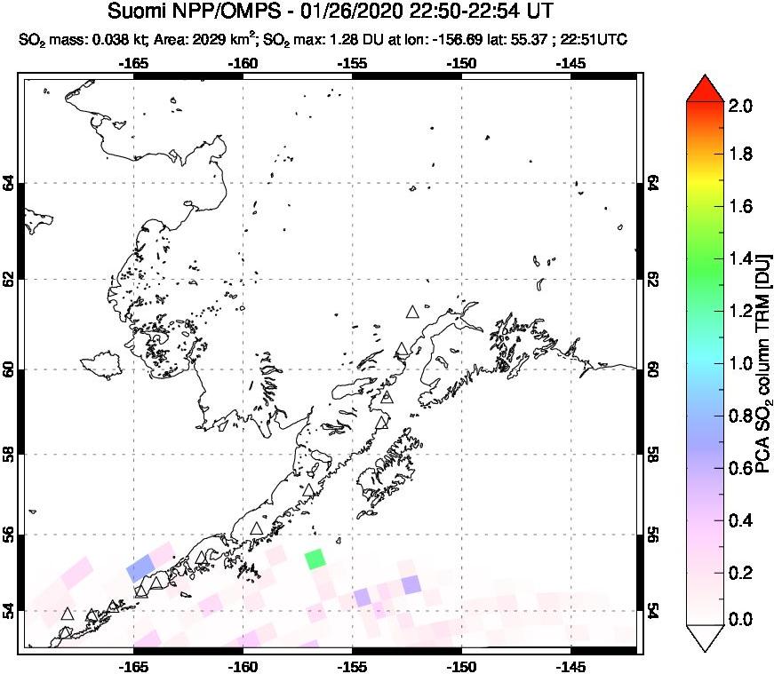 A sulfur dioxide image over Alaska, USA on Jan 26, 2020.