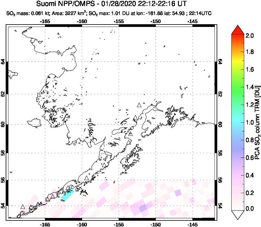 A sulfur dioxide image over Alaska, USA on Jan 28, 2020.