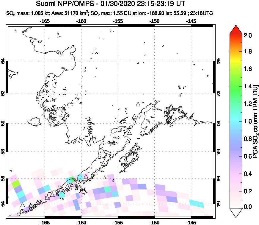 A sulfur dioxide image over Alaska, USA on Jan 30, 2020.