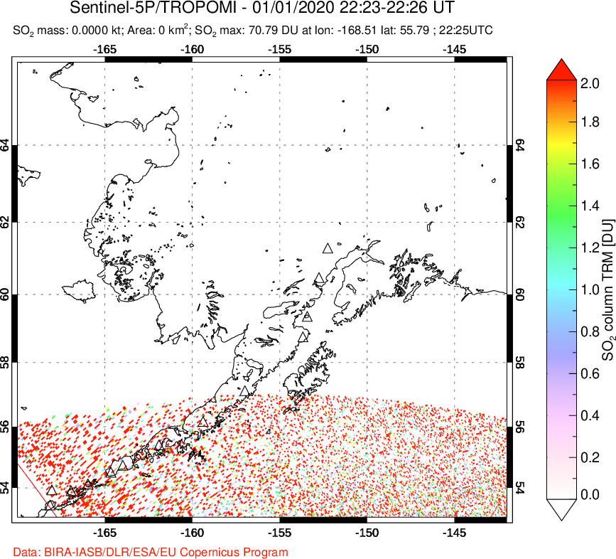 A sulfur dioxide image over Alaska, USA on Jan 01, 2020.