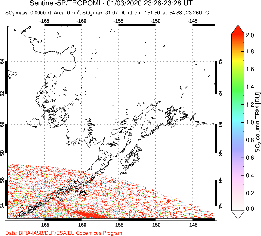 A sulfur dioxide image over Alaska, USA on Jan 03, 2020.