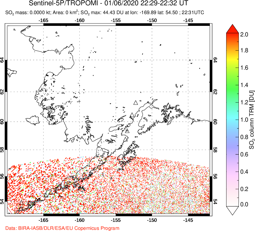A sulfur dioxide image over Alaska, USA on Jan 06, 2020.