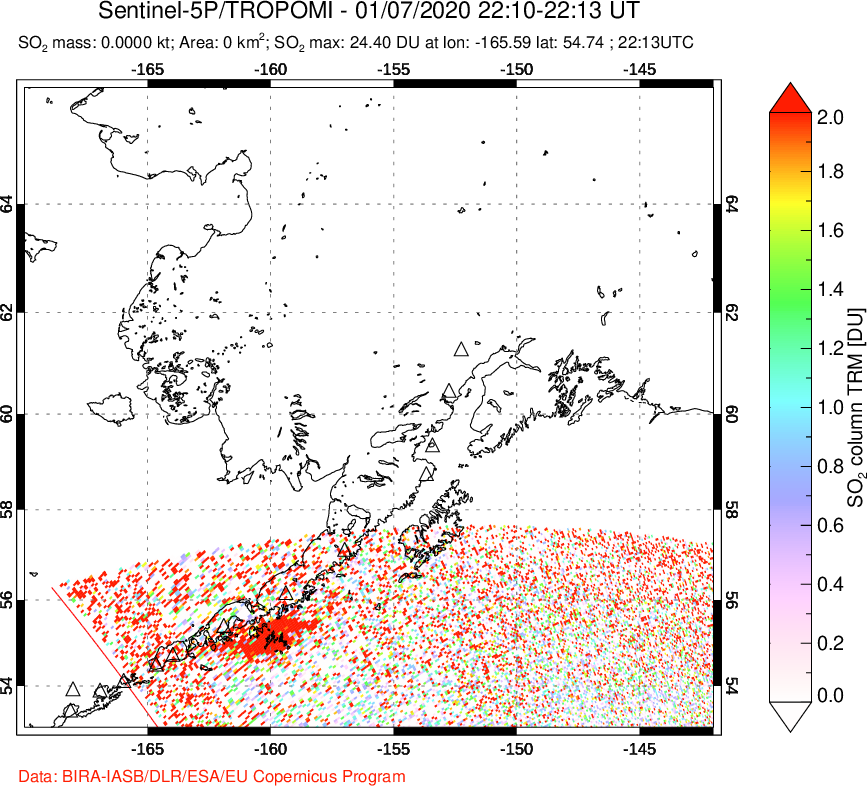 A sulfur dioxide image over Alaska, USA on Jan 07, 2020.