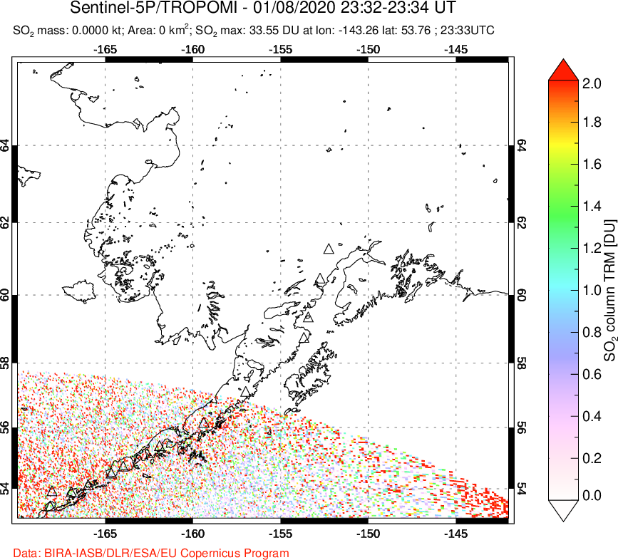 A sulfur dioxide image over Alaska, USA on Jan 08, 2020.