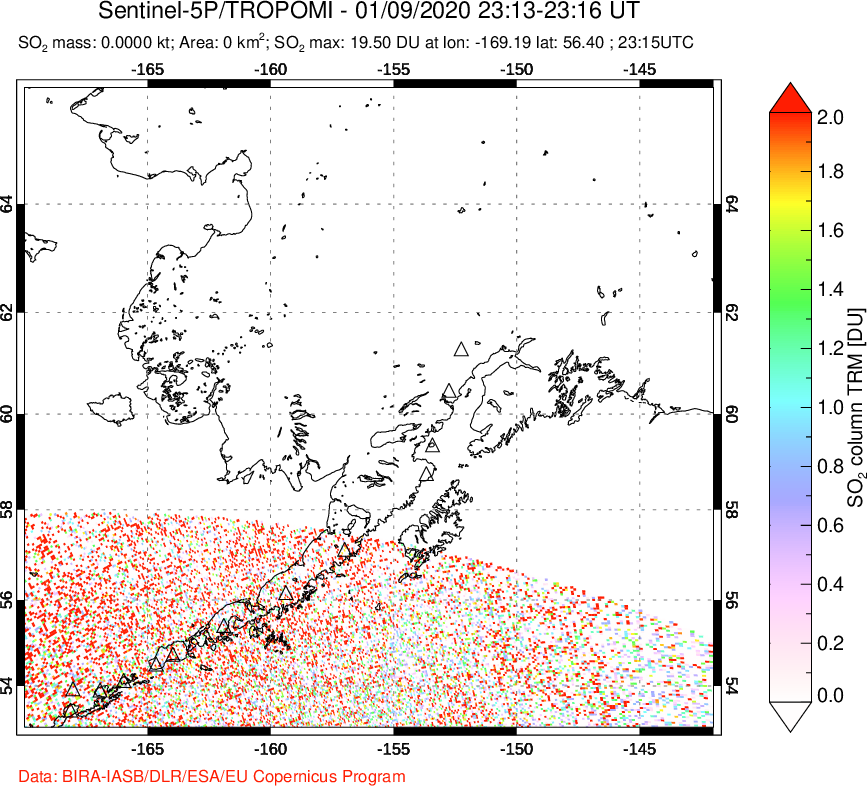 A sulfur dioxide image over Alaska, USA on Jan 09, 2020.