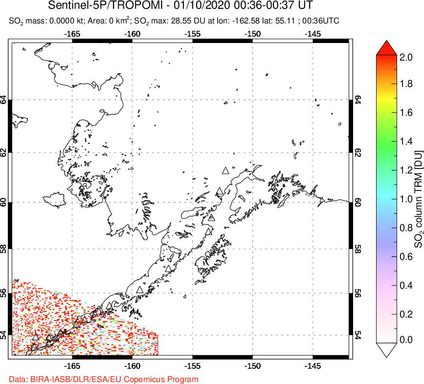 A sulfur dioxide image over Alaska, USA on Jan 10, 2020.
