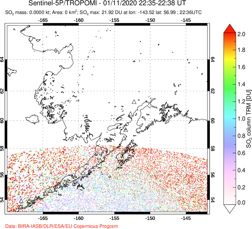 A sulfur dioxide image over Alaska, USA on Jan 11, 2020.