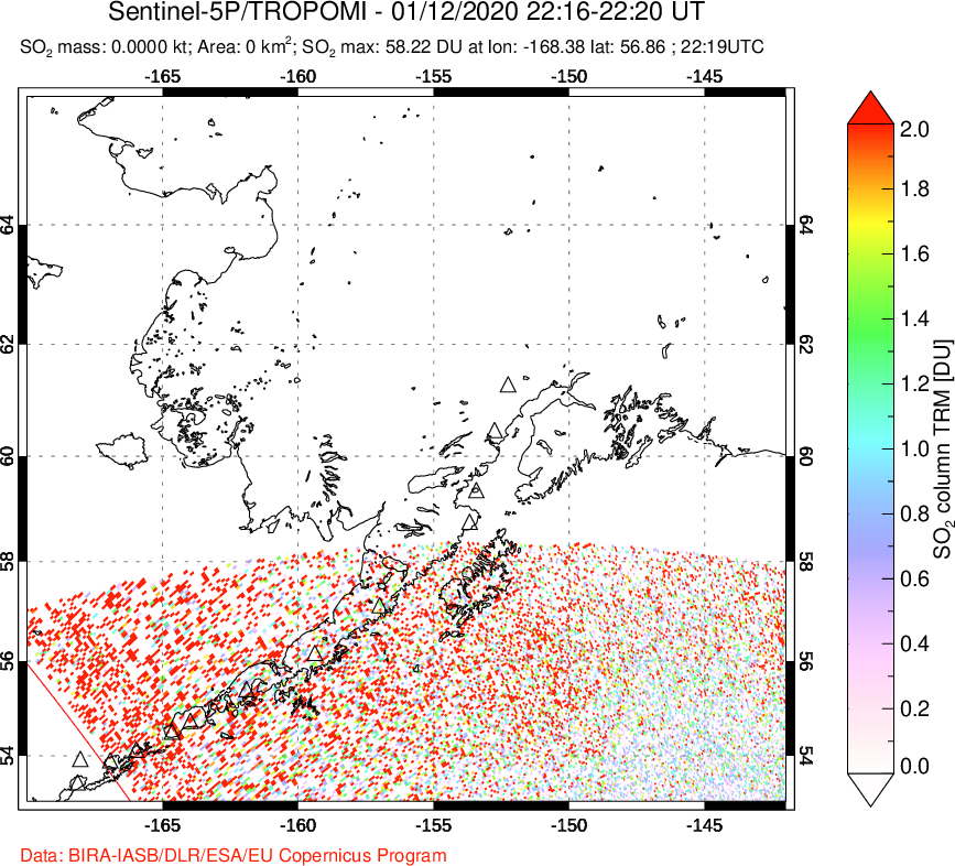 A sulfur dioxide image over Alaska, USA on Jan 12, 2020.