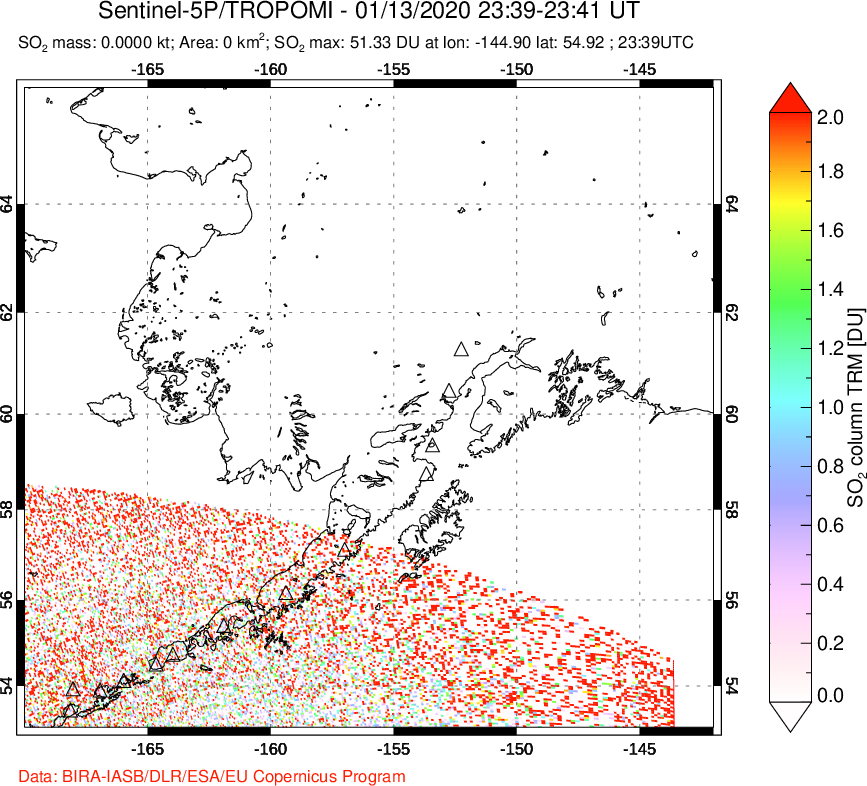 A sulfur dioxide image over Alaska, USA on Jan 13, 2020.