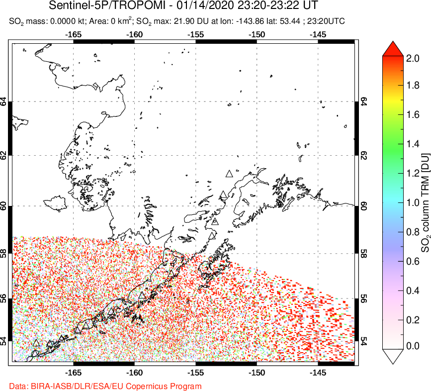 A sulfur dioxide image over Alaska, USA on Jan 14, 2020.