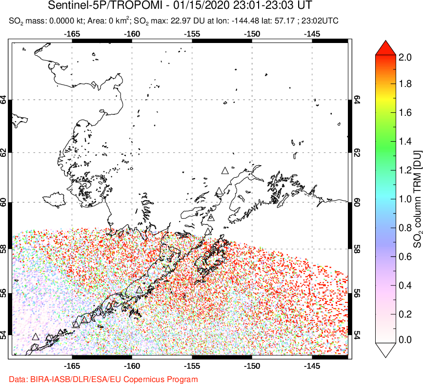 A sulfur dioxide image over Alaska, USA on Jan 15, 2020.