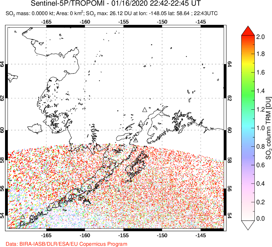 A sulfur dioxide image over Alaska, USA on Jan 16, 2020.