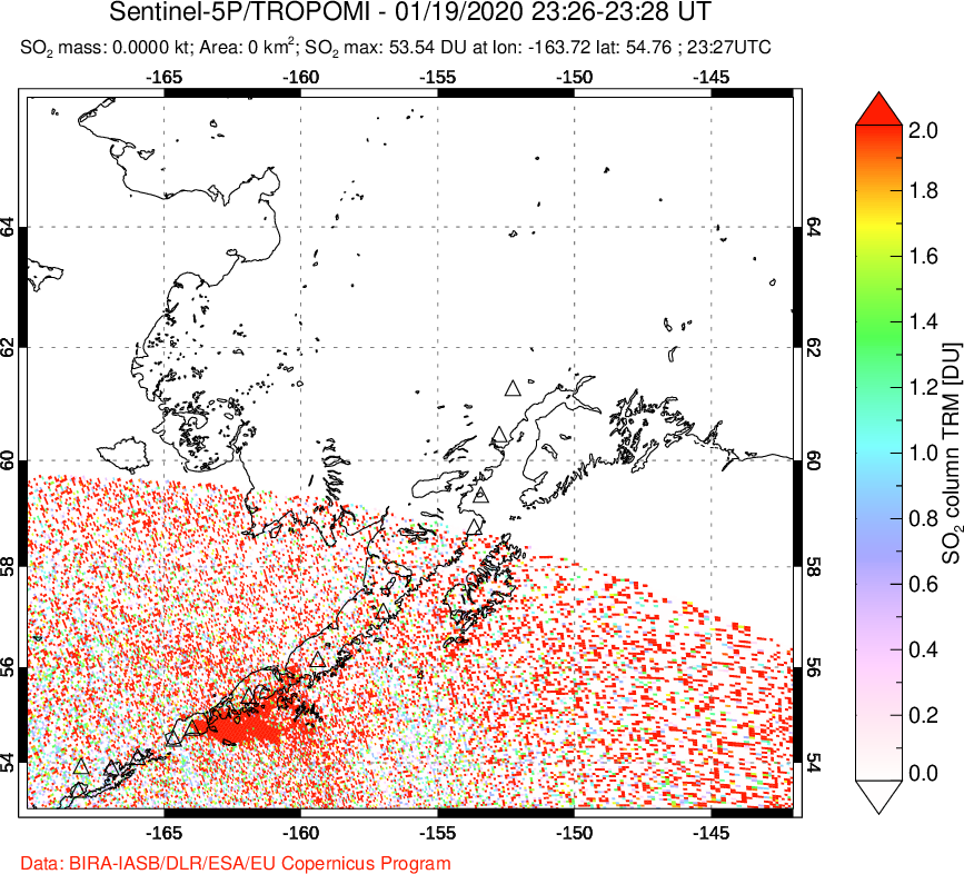 A sulfur dioxide image over Alaska, USA on Jan 19, 2020.