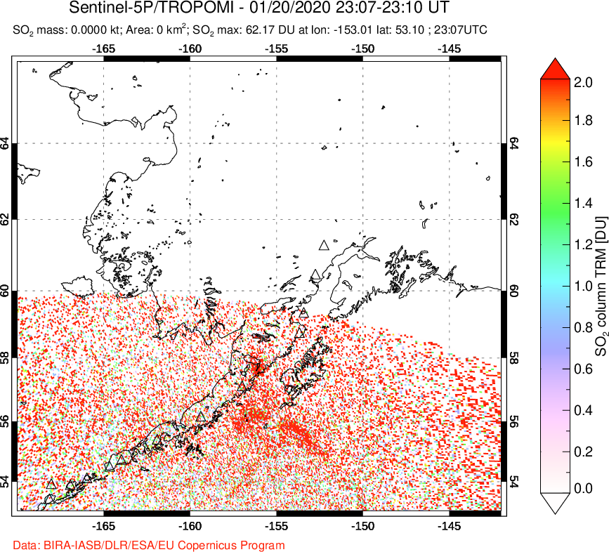 A sulfur dioxide image over Alaska, USA on Jan 20, 2020.