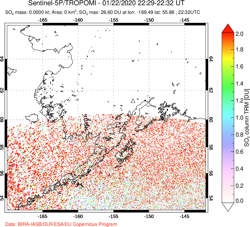A sulfur dioxide image over Alaska, USA on Jan 22, 2020.