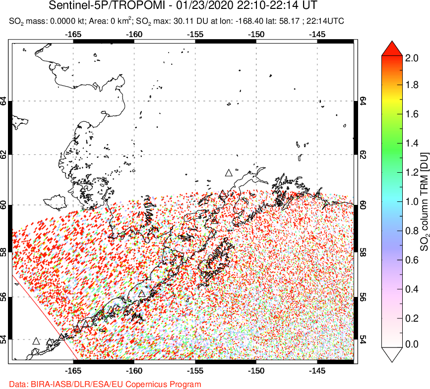 A sulfur dioxide image over Alaska, USA on Jan 23, 2020.