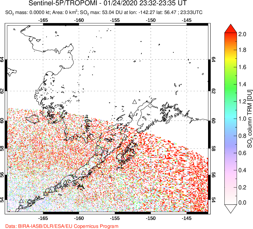 A sulfur dioxide image over Alaska, USA on Jan 24, 2020.