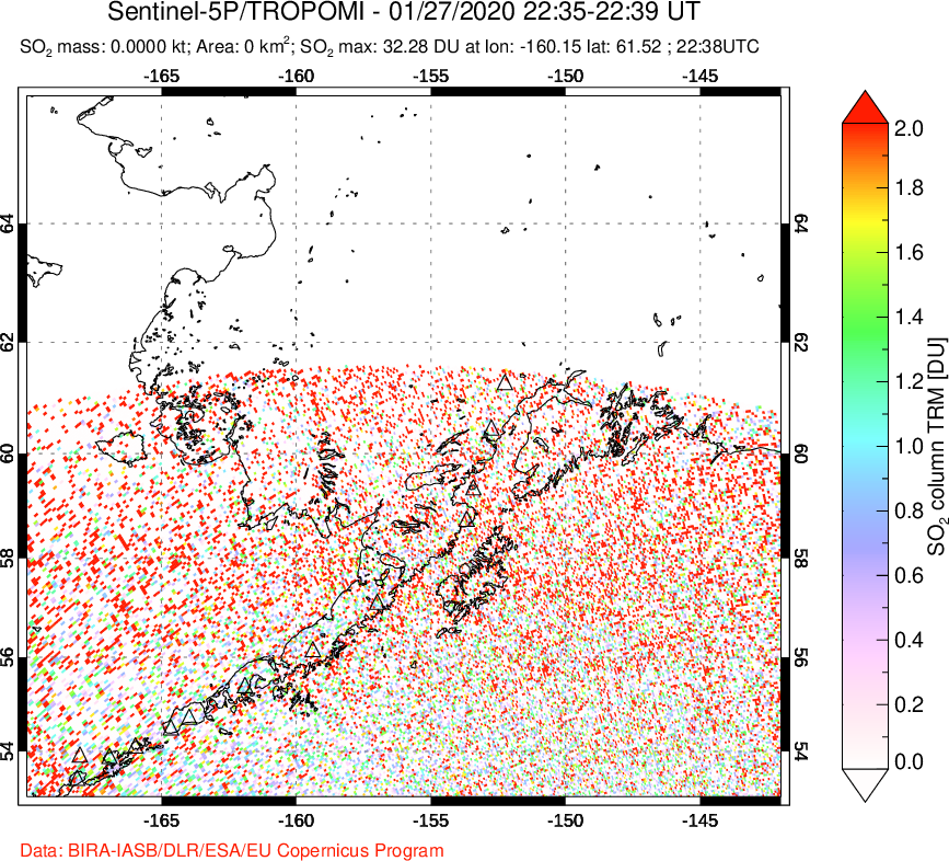 A sulfur dioxide image over Alaska, USA on Jan 27, 2020.