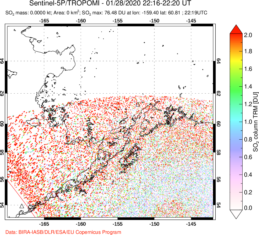 A sulfur dioxide image over Alaska, USA on Jan 28, 2020.