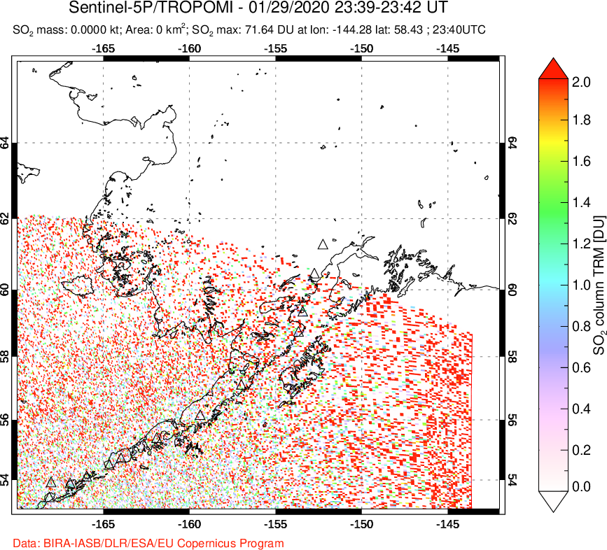 A sulfur dioxide image over Alaska, USA on Jan 29, 2020.