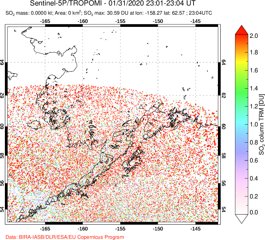 A sulfur dioxide image over Alaska, USA on Jan 31, 2020.