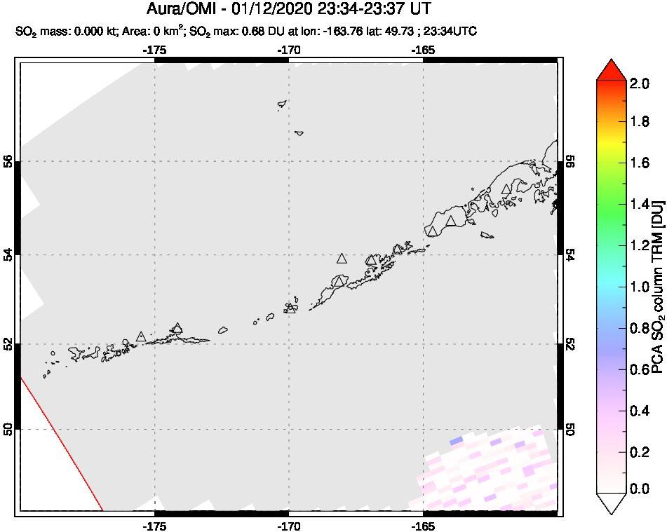 A sulfur dioxide image over Aleutian Islands, Alaska, USA on Jan 12, 2020.