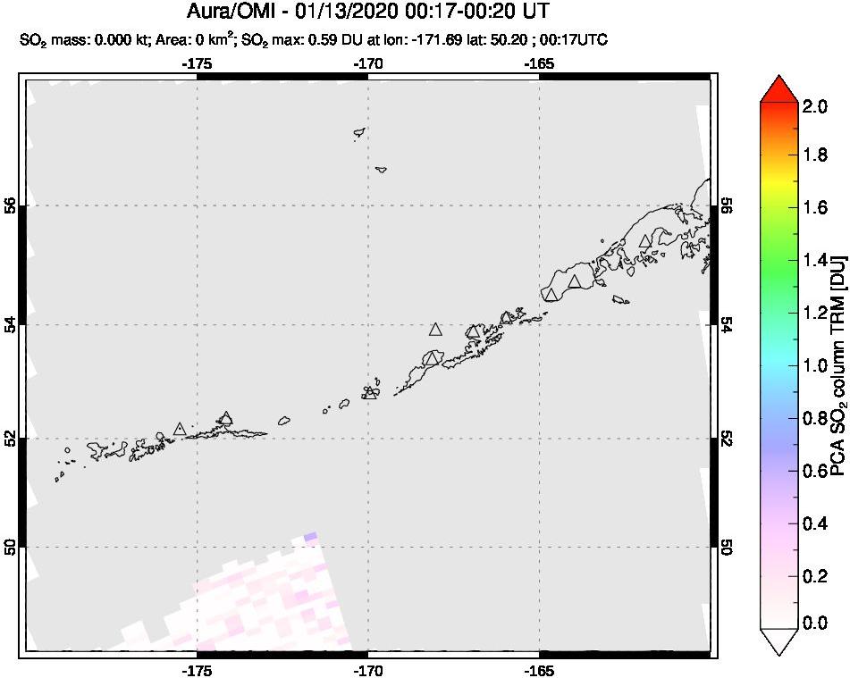 A sulfur dioxide image over Aleutian Islands, Alaska, USA on Jan 13, 2020.