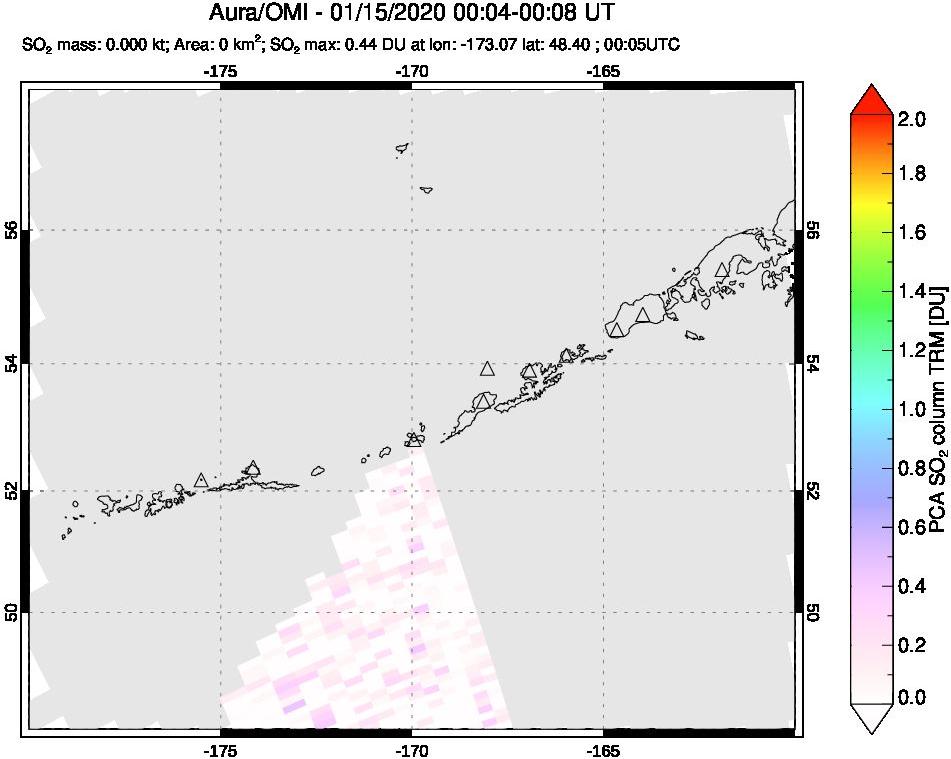 A sulfur dioxide image over Aleutian Islands, Alaska, USA on Jan 15, 2020.
