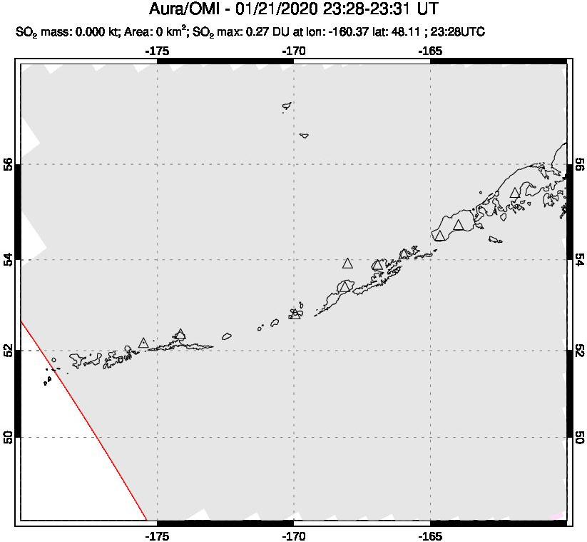 A sulfur dioxide image over Aleutian Islands, Alaska, USA on Jan 21, 2020.