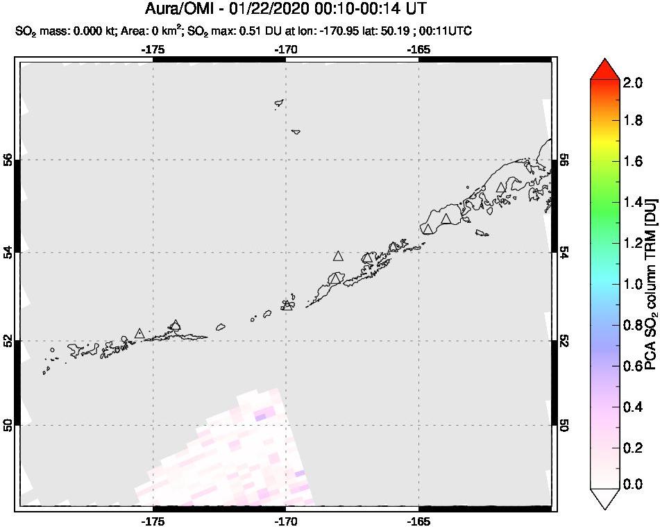 A sulfur dioxide image over Aleutian Islands, Alaska, USA on Jan 22, 2020.