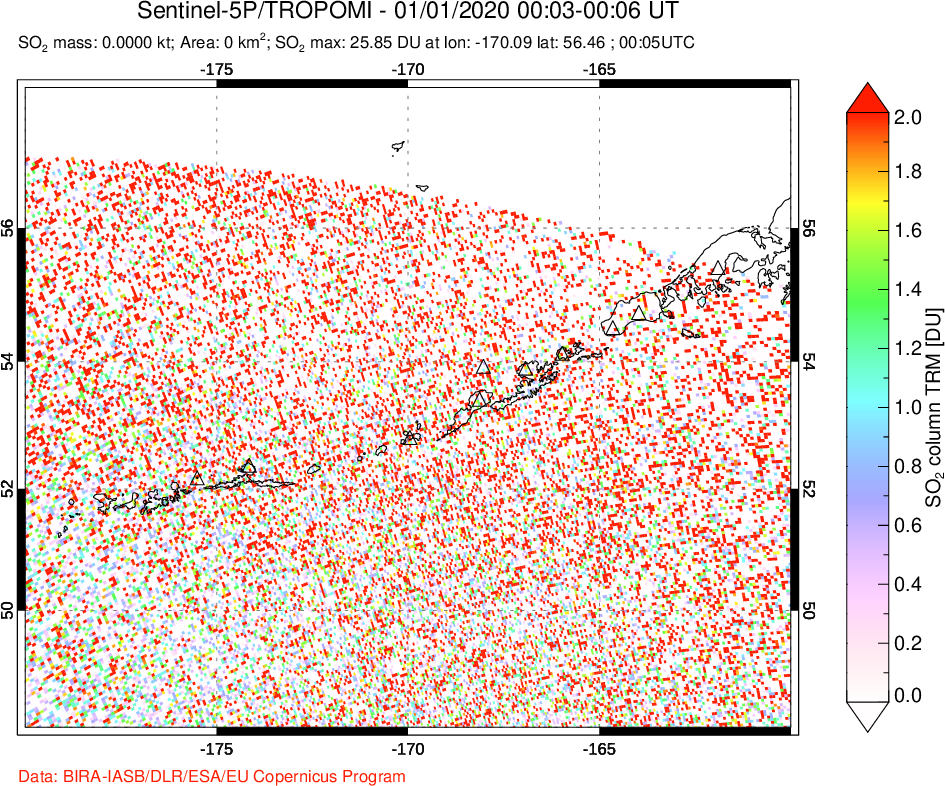 A sulfur dioxide image over Aleutian Islands, Alaska, USA on Jan 01, 2020.