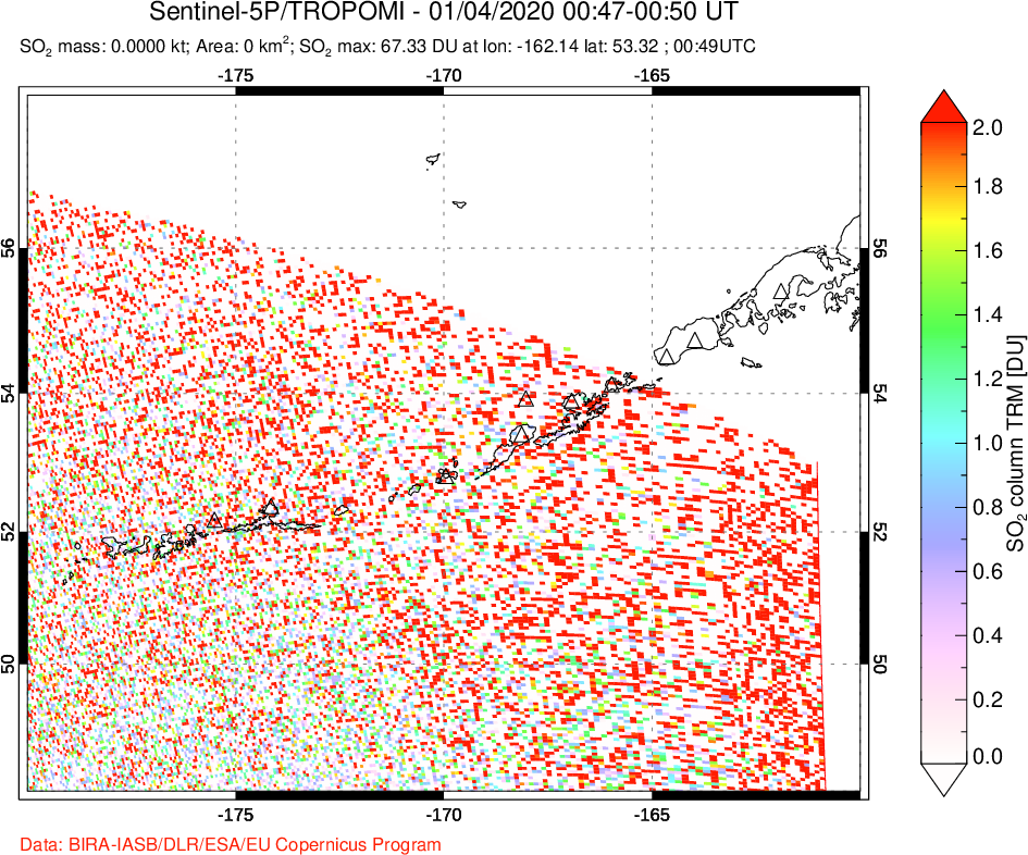 A sulfur dioxide image over Aleutian Islands, Alaska, USA on Jan 04, 2020.
