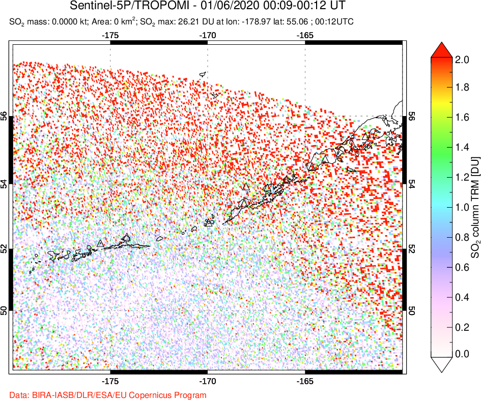 A sulfur dioxide image over Aleutian Islands, Alaska, USA on Jan 06, 2020.